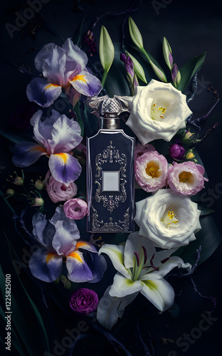 Obraz na płótnie beautiful dark style fine art with fragrance bottle and flowers at black background. flat lay. Ai generated. w salonie