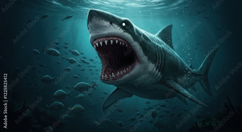 Naklejka premium Majestic Great White Shark Swimming in Deep Ocean with Schools of Fish