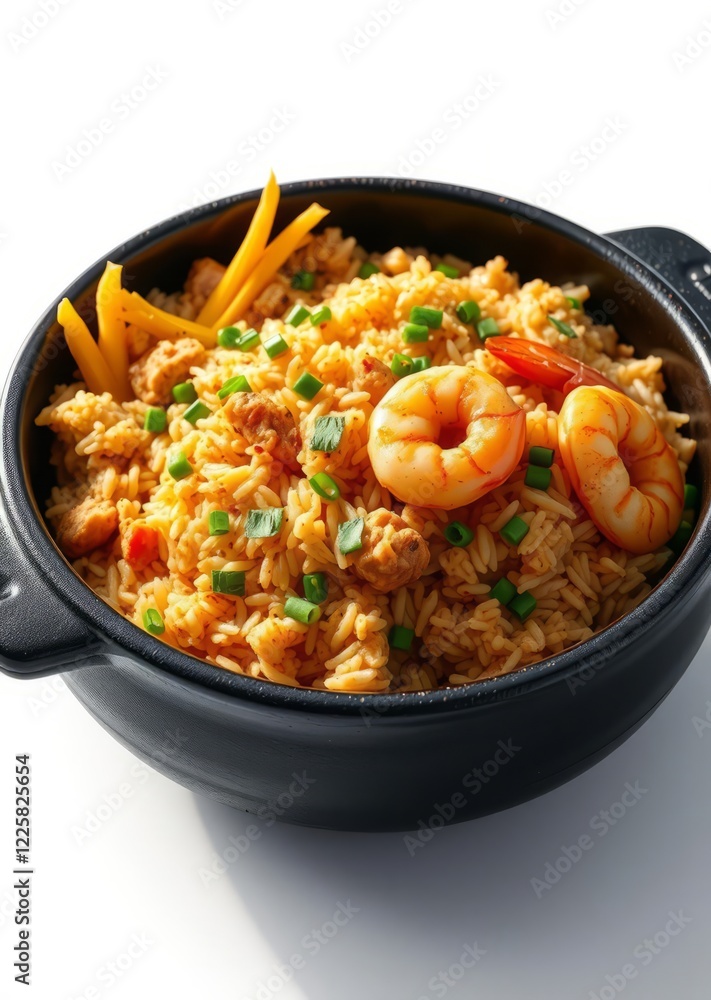 Paella in black cast iron skillet, vibrant yellow saffron rice, succulent shrimp, colorful vegetables, garnished with fresh herbs, rustic presentation, warm lighting, food photography, high detail, ap Paella in black cast iron skillet, vibrant yellow saffron rice, succulent shrimp, colorful vegetables, garnished with fresh herbs, rustic presentation, warm lighting, food photography, high detail, ap