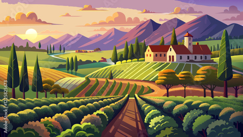 Vineyards with grapevine and winery along wine road in the evening sun, Europe