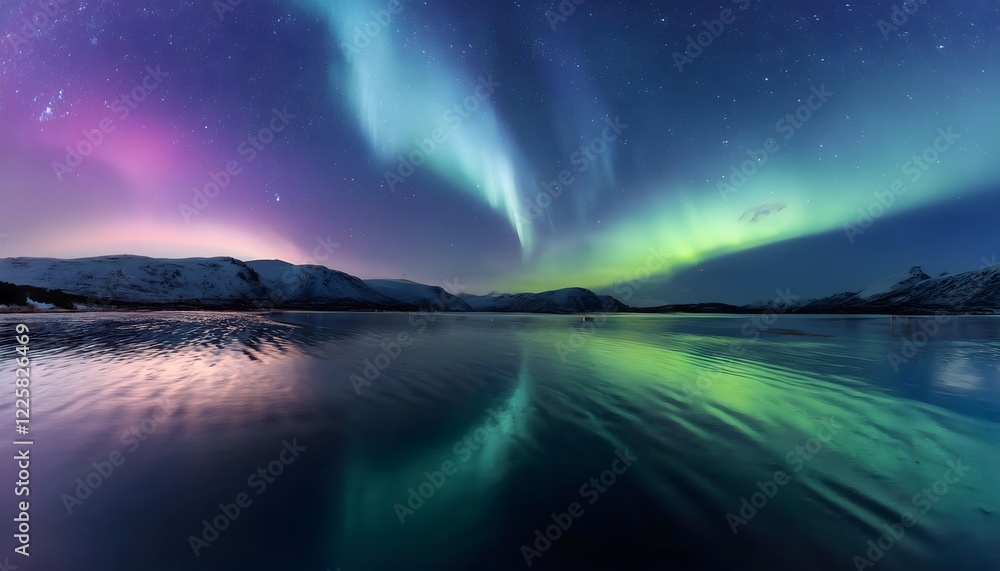 Naklejka premium Сosmic aurora stretching across the sky. Magical Northern lights landscape background