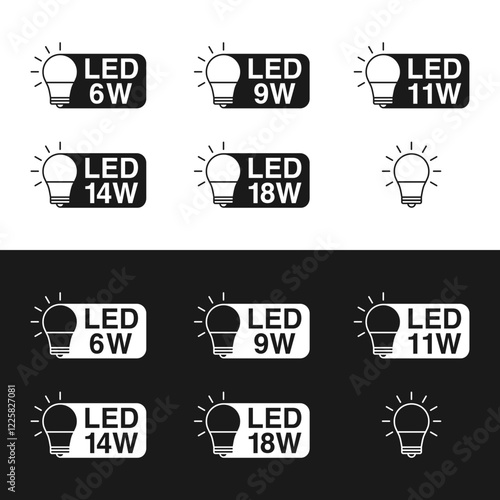 Light Bulb wattage LED Types, bayonet cap and Edison screw,icon,symbol,6w,9w,12w,14w,18w black and white editable stroke