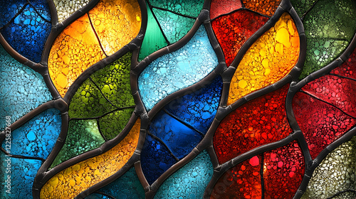 Colorful abstract stained glass window detail, church interior, light, texture.  Website background