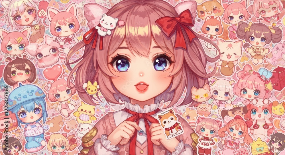 Cute anime girl surrounded by colorful cartoon animal stickers and hearts Cute anime girl surrounded by colorful cartoon animal stickers and hearts