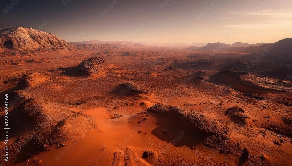 Naklejka premium Aweinspiring Mars landscape Rusty Red Dunes Under the Glowing Sunlight, with Craters and Martian Vegetation, Revealing the Red Planets Mystique.