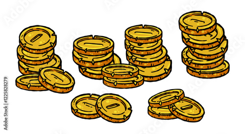 Golden coin. Pirate gold treasure. Pile of money. Banking success and cash profit. Commerce stock exchange. Set of Business financial investment coin