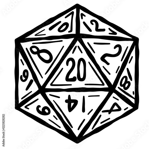 D20 dice for dnd board game. Fantasy tabletop icosahedron illustration in retro style