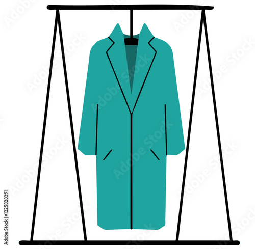 Coat on hanger. Hanging jacket in shop. Rack with clothes in wardrobe. Boutique or boutique assortment. Fashion modern dress. Apparel wearing