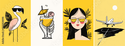 Summer holiday and travel hand drawn style poster illustration set