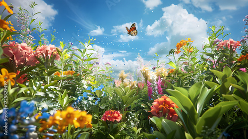 A Mystic Symphony of Odorous Plants Interplaying with Vibrant Butterflies below a Clear Azure Sky
