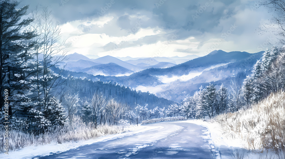 Obraz premium Winter landscape: snow and ice on closed section of blue ridge parkway near asheville nc. Frosted Ridge. Illustration