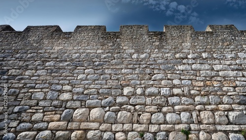 Majestic Medieval Backdrop Astonishing Stone Wall Scene bathed in Grayscale Hues, Evoking a Timeless and Mystical Atmosphere, Featuring Intricate Architecture and Rugged Textures,