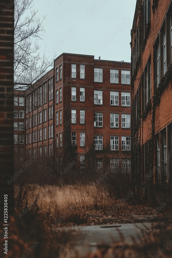 Abandoned Brick Buildings with Overgrown Vegetation Abandoned Brick Buildings with Overgrown Vegetation
