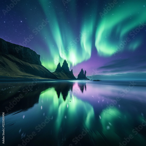 The northern lights dance over eystrahorn, krossanesfjall, iceland, illuminating rugged cliffs and a tranquil sea under a starry sky a stunning display of natural beauty photo