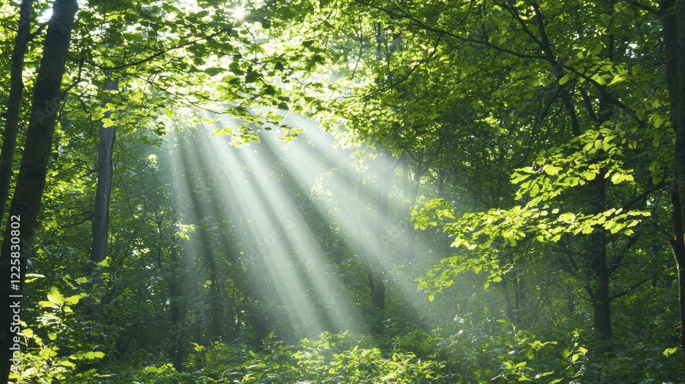 Fototapeta premium Lush green forest with sun rays filtering through dense foliage