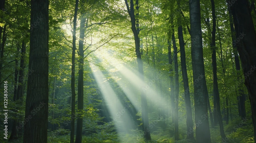 Fototapeta premium Lush green forest with golden sun rays dancing through thick leaves above, creating a serene and magical atmosphere.