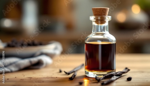 A professional shot of vanilla extract in a small, clear glass bottle with a wooden stopper. The dark amber liquid inside glistens under soft lighting, with a few vanilla beans resting besi... photo