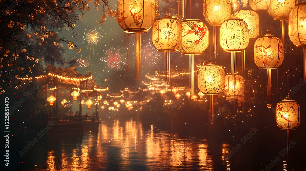 Obraz premium Magical Lantern Festival Frame with Glowing Lanterns, Floating Candles, and Water Reflections
