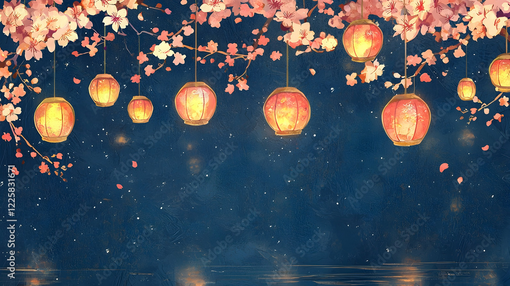 Fototapeta premium Golden Glow of the Lantern Festival: A Frame of Floating Lights and Reflections