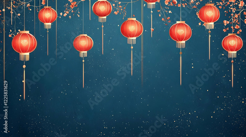 Minimalist Lantern Festival Design with Red Lanterns and Midnight Blue Background