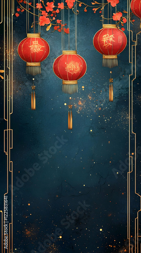 Minimalist Lantern Festival Frame with Elegant Red Lanterns and Midnight Blue Background