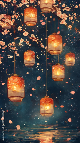 Celestial Lantern Festival Frame with Floating Lights and Petals
