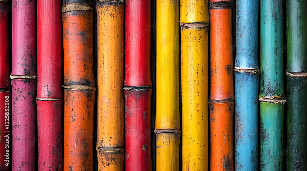 Colorful bamboo stalks, vibrant rainbow hues, textured background, ideal for design Colorful bamboo stalks, vibrant rainbow hues, textured background, ideal for design