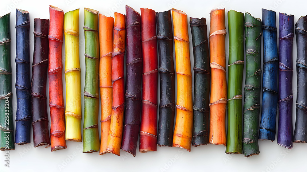 Colorful bamboo sticks arranged on white background; craft, decor, nature Colorful bamboo sticks arranged on white background; craft, decor, nature