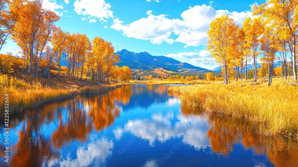 Obraz premium Golden autumn trees reflect in a calm river with mountains under a blue sky.