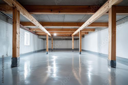 Renovated basement with smooth concrete flooring 
