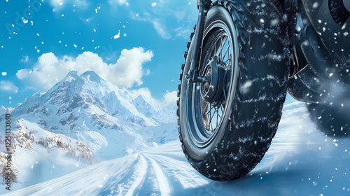 Close-up of a motorcycle tire on a snow-covered road with a backdrop of snow-capped mountains and falling snowflakes under a bright blue sky. Frosted Ridge. Illustration photo