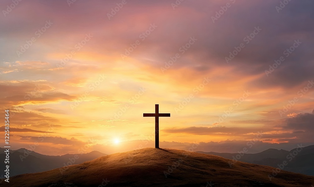 Courageous silhouette of a cross against a breathtaking sunset sky in a tranquil landscape Courageous silhouette of a cross against a breathtaking sunset sky in a tranquil landscape