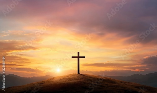Courageous silhouette of a cross against a breathtaking sunset sky in a tranquil landscape