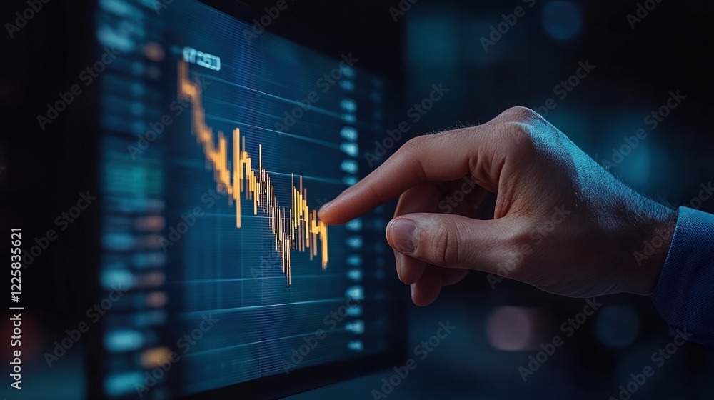 Analyzing market trends through digital charts in a dimly lit workspace during late evening hours Analyzing market trends through digital charts in a dimly lit workspace during late evening hours