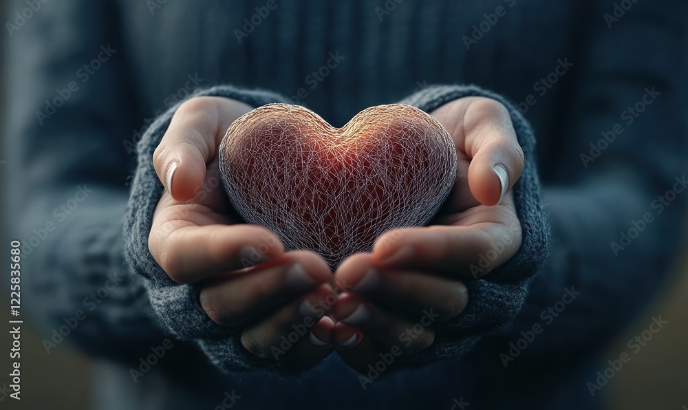 Hands cradling a glowing heart, symbolizing love, warmth, and connection under a serene backdrop at twilight Hands cradling a glowing heart, symbolizing love, warmth, and connection under a serene backdrop at twilight