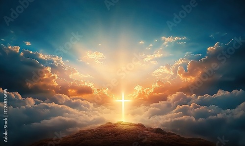 Fototapeta Naklejka Na Ścianę i Meble -  Resurrection light illuminates cross amid vibrant clouds as Jesus rises to heavenly realms at dawn