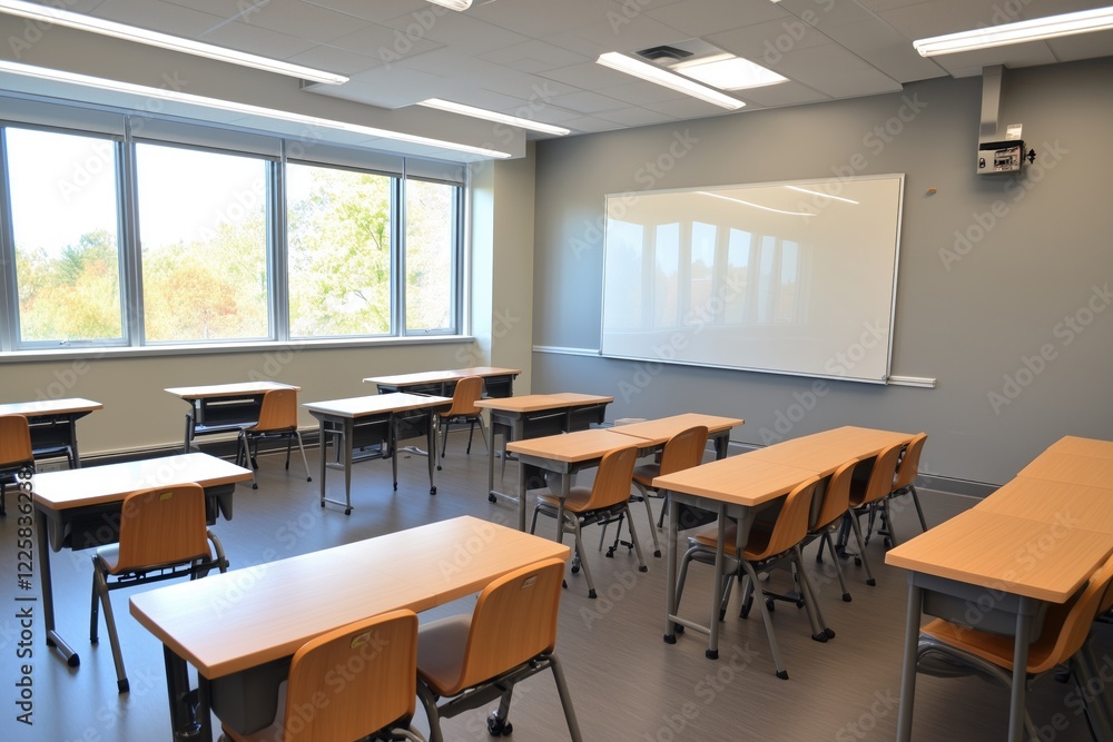 A modern classroom featuring wooden desks arranged in rows with large windows. A modern classroom featuring wooden desks arranged in rows with large windows.