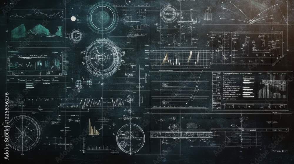 drawing mechanism on a dark background. blueprint drawing mechanism on a dark background. blueprint