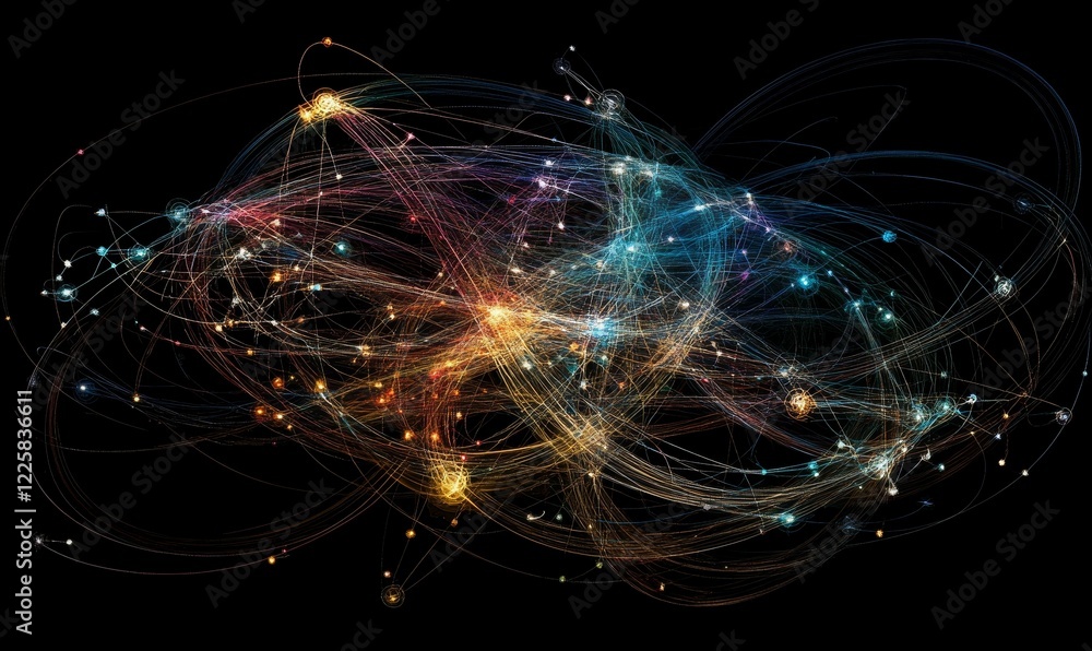 Fototapeta premium Glowing orbs connected by thin colored lines.