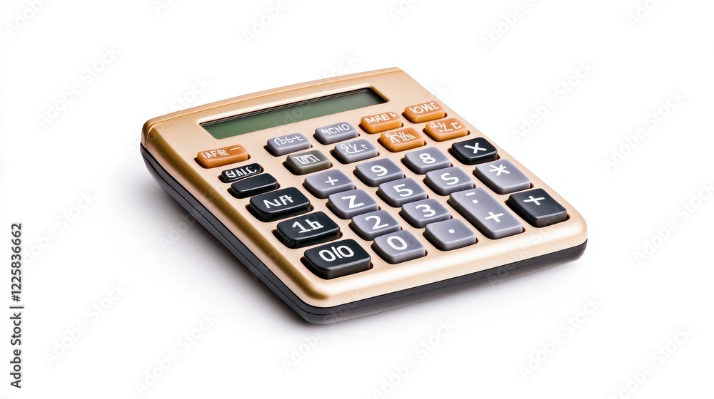 Golden Calculator on White Background A Detailed Close Up Golden Calculator on White Background A Detailed Close Up