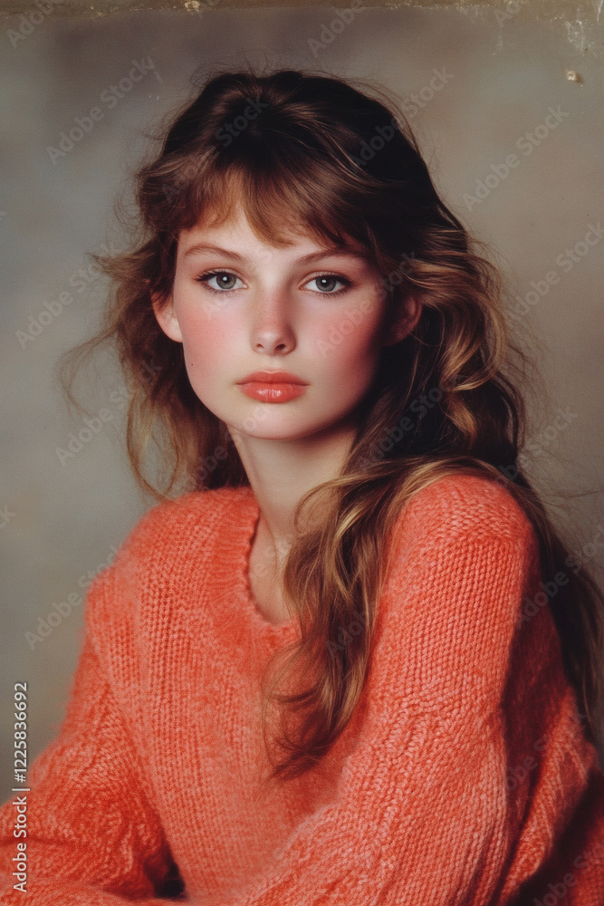 1980s-style yearbook photo of a young woman with ginger hair and a red sweater in front of a grey background 1980s-style yearbook photo of a young woman with ginger hair and a red sweater in front of a grey background