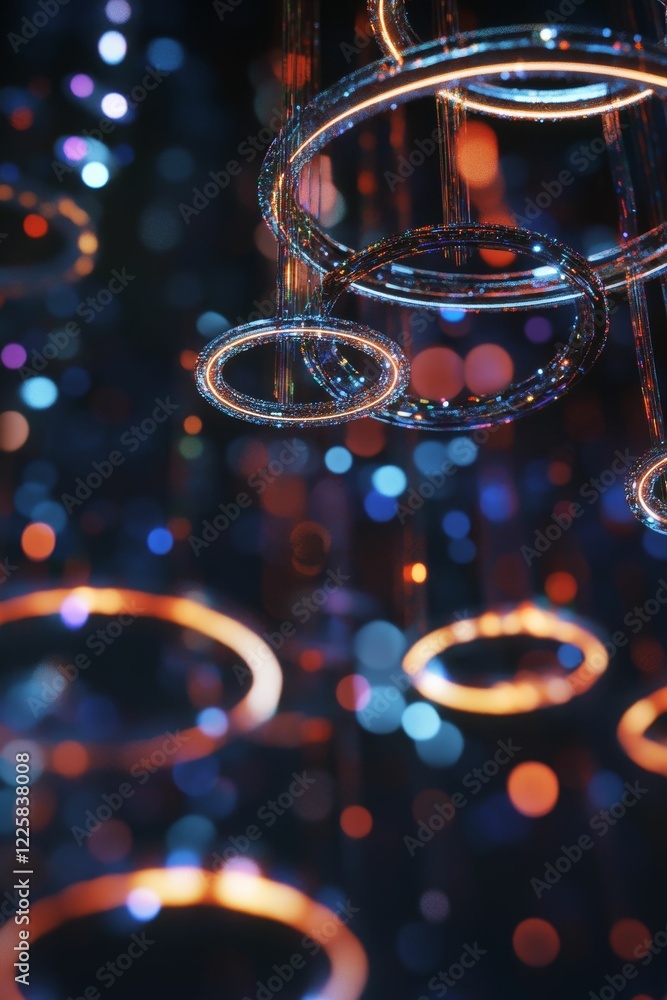 Fototapeta premium Luminous rings hang with bokeh colored dots in background.