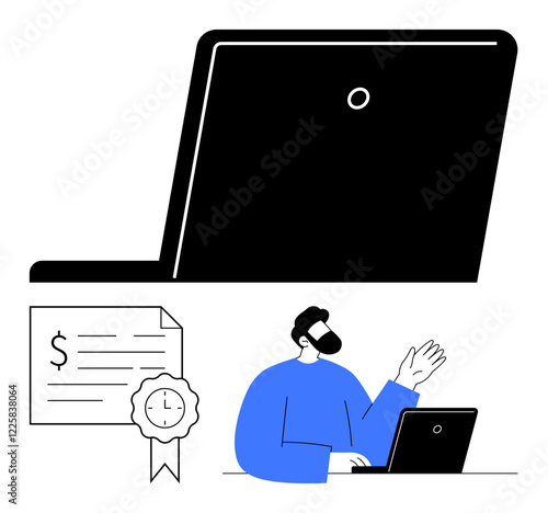 Person interacting with a laptop, engaging in online learning. Certificate with monetary value and clock elements. Ideal for online education, e-learning, certification, remote work, distance