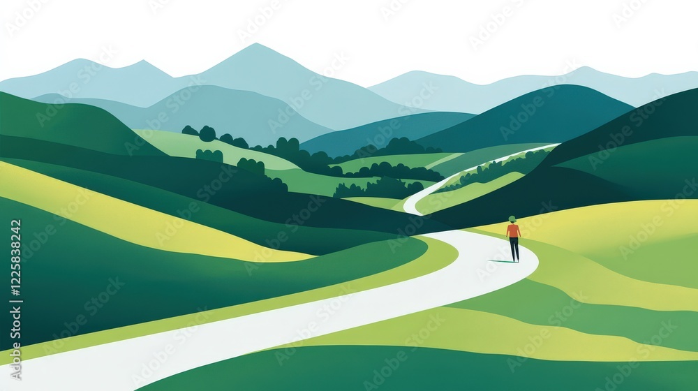 Serene landscape with a winding path and a lone figure walking amidst rolling green hills Serene landscape with a winding path and a lone figure walking amidst rolling green hills