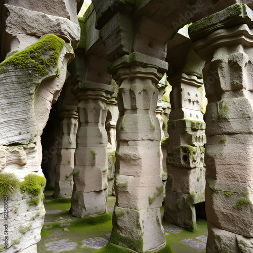 ancient stone pillars eroded by centuries - their surface covered with moss photo