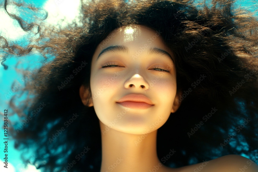 Commercial digital ads concept art. Stunning smiling mixed-race girl - for ads, advertisement and social internet marketing ad use. Long trim - afro hair. African elegance portraits.