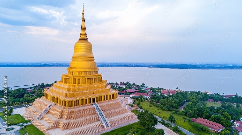 Fototapeta premium Golden Pagoda by the Lake An Aerial View