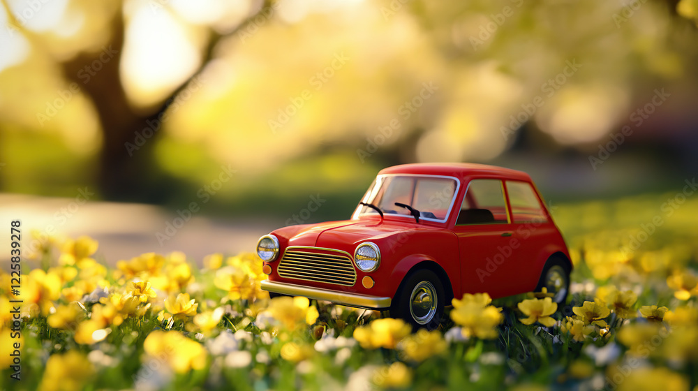 Miniature red car in a field of yellow flowers Miniature red car in a field of yellow flowers