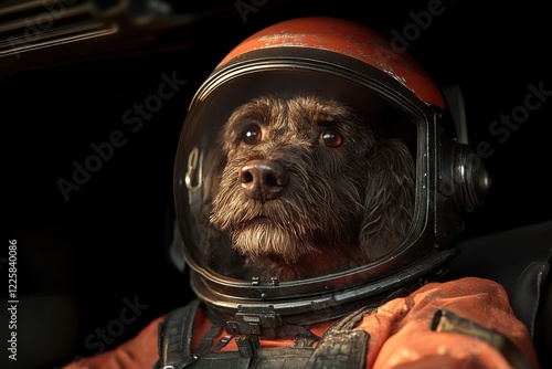 brown terrier dog wearing an orange helmet is a pilot or cosmonaut. animals are like people. a pet in an astronaut's spacesuit photo