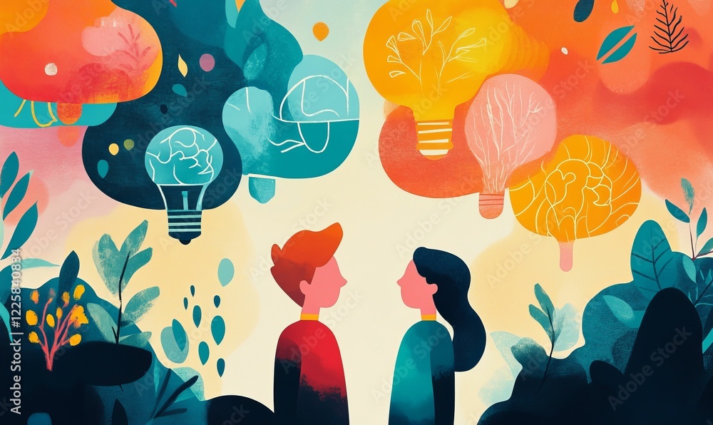 Naklejka premium Two people with lightbulb ideas, abstract flora.